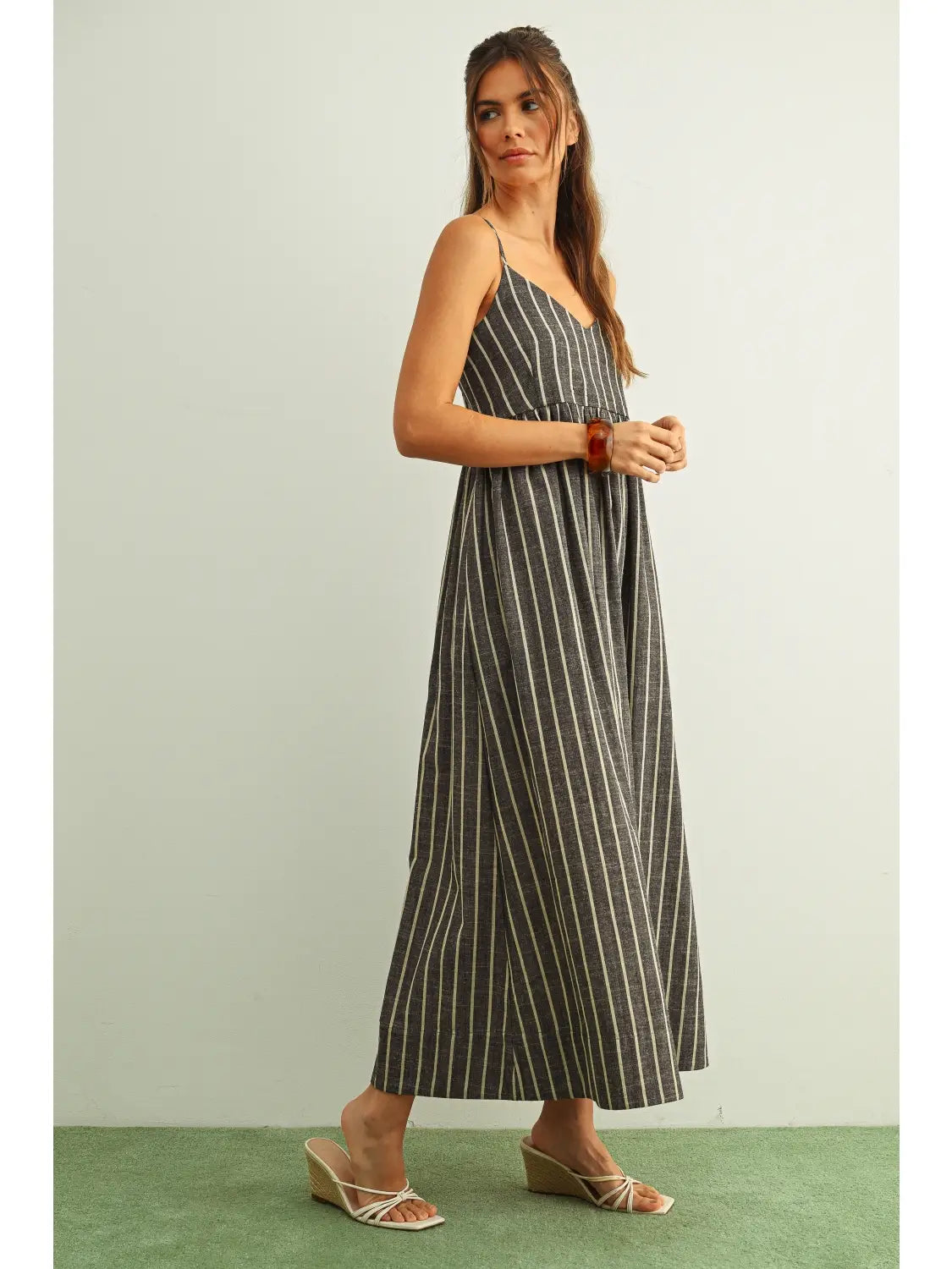 Striped Sleeveless Maxi Dress - Charcoal/Beige