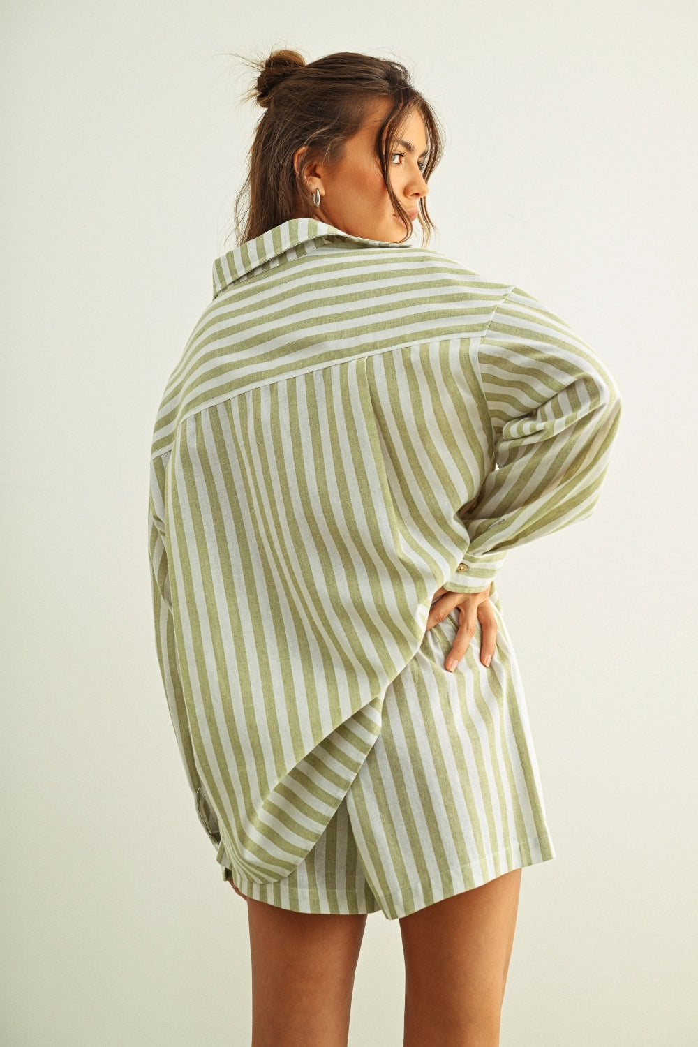 Striped Elastic Waist Shorts - Sage