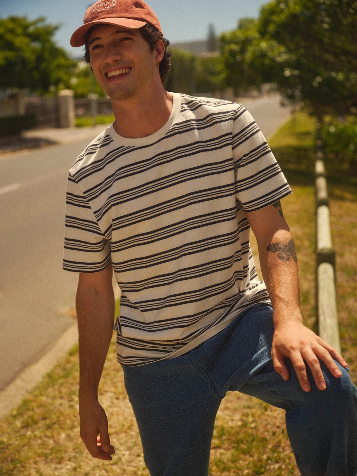 Dean Striped Textured Organic Cotton T-Shirt - Ecru and Navy