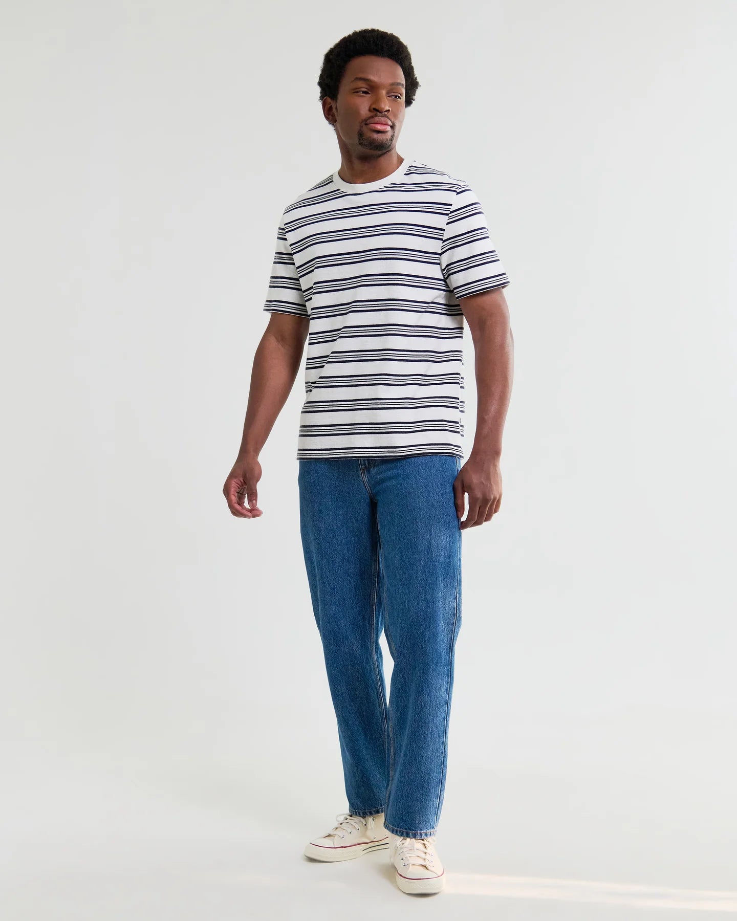 Dean Striped Textured Organic Cotton T-Shirt - Ecru and Navy