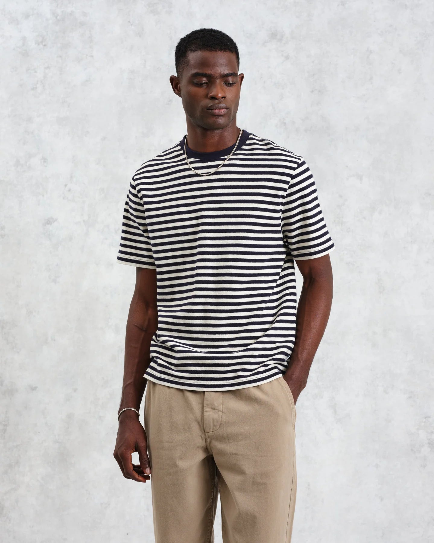 Dean Striped Textured Organic Cotton T-Shirt - Navy/Ecru