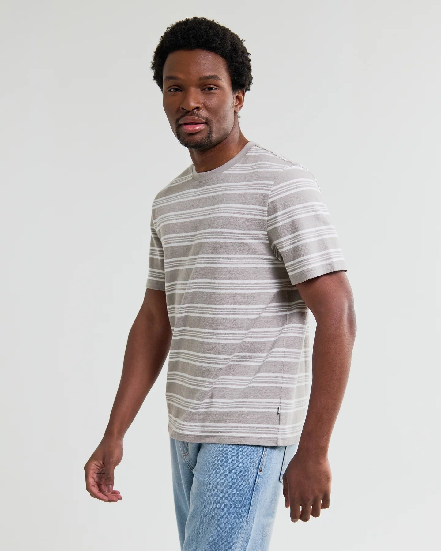 Dean - Taupe And Ecru Textured Stripe Organic Cotton T-Shirt