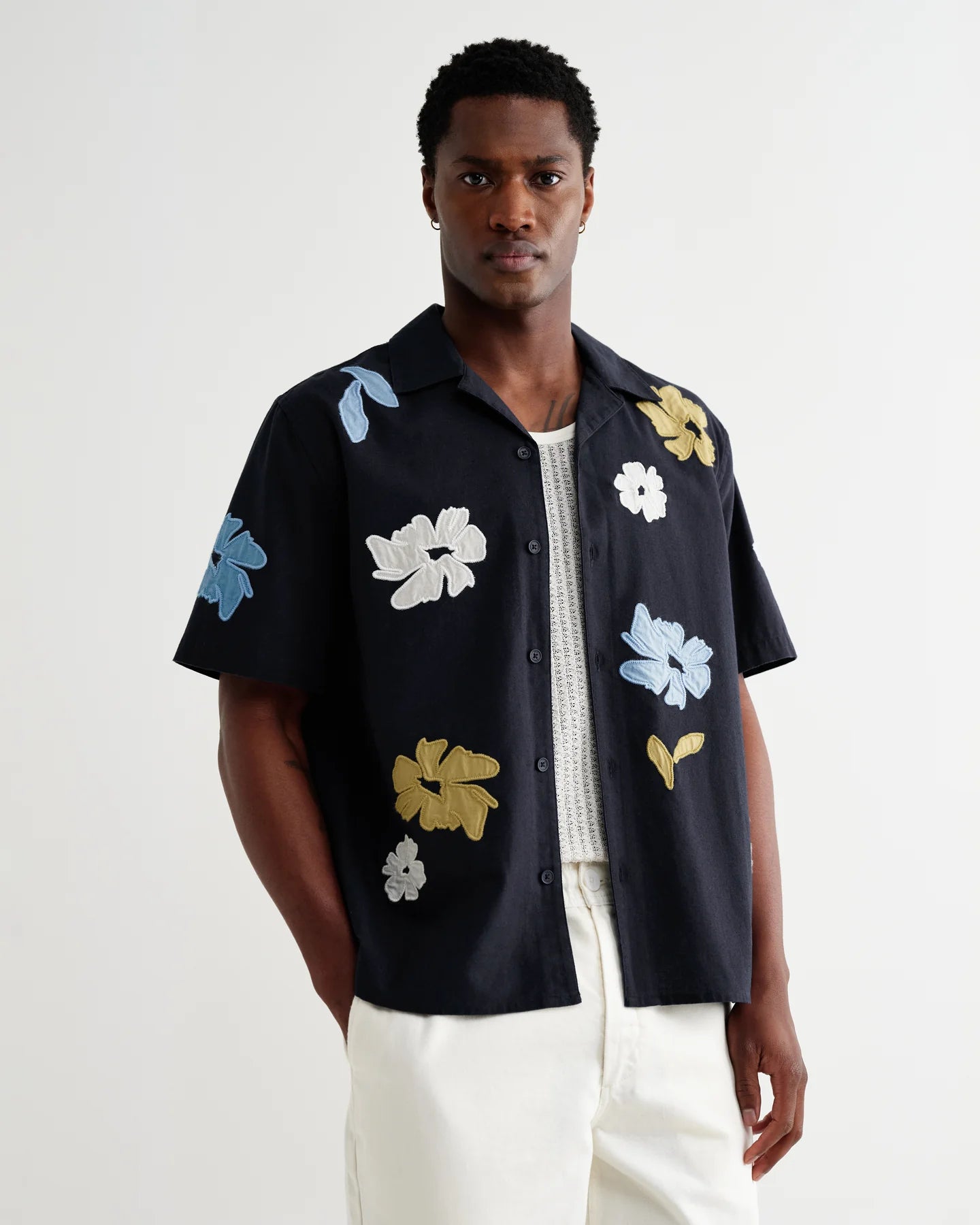 Didcot Floral Applique Short-Sleeve Shirt - Navy and Multicolour