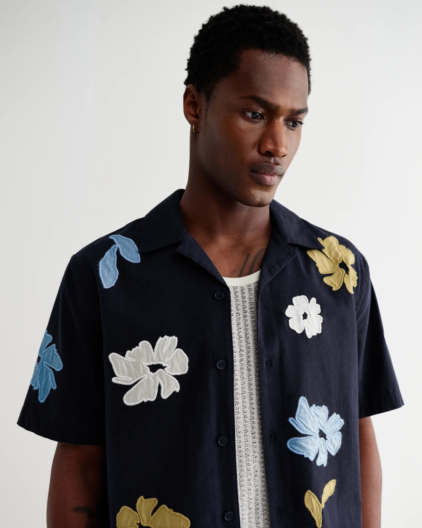 Didcot Floral Applique Short-Sleeve Shirt - Navy and Multicolour