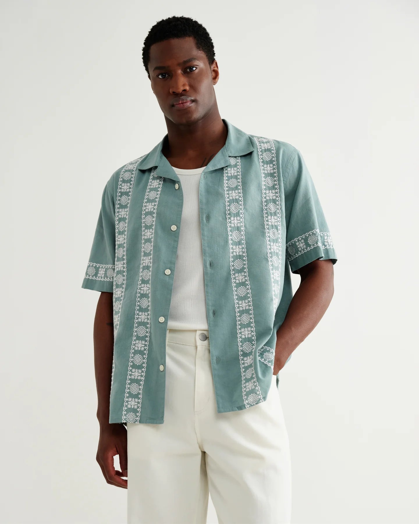 Didcot Embroidered Short-Sleeve Shirt - Sea Green and Ecru