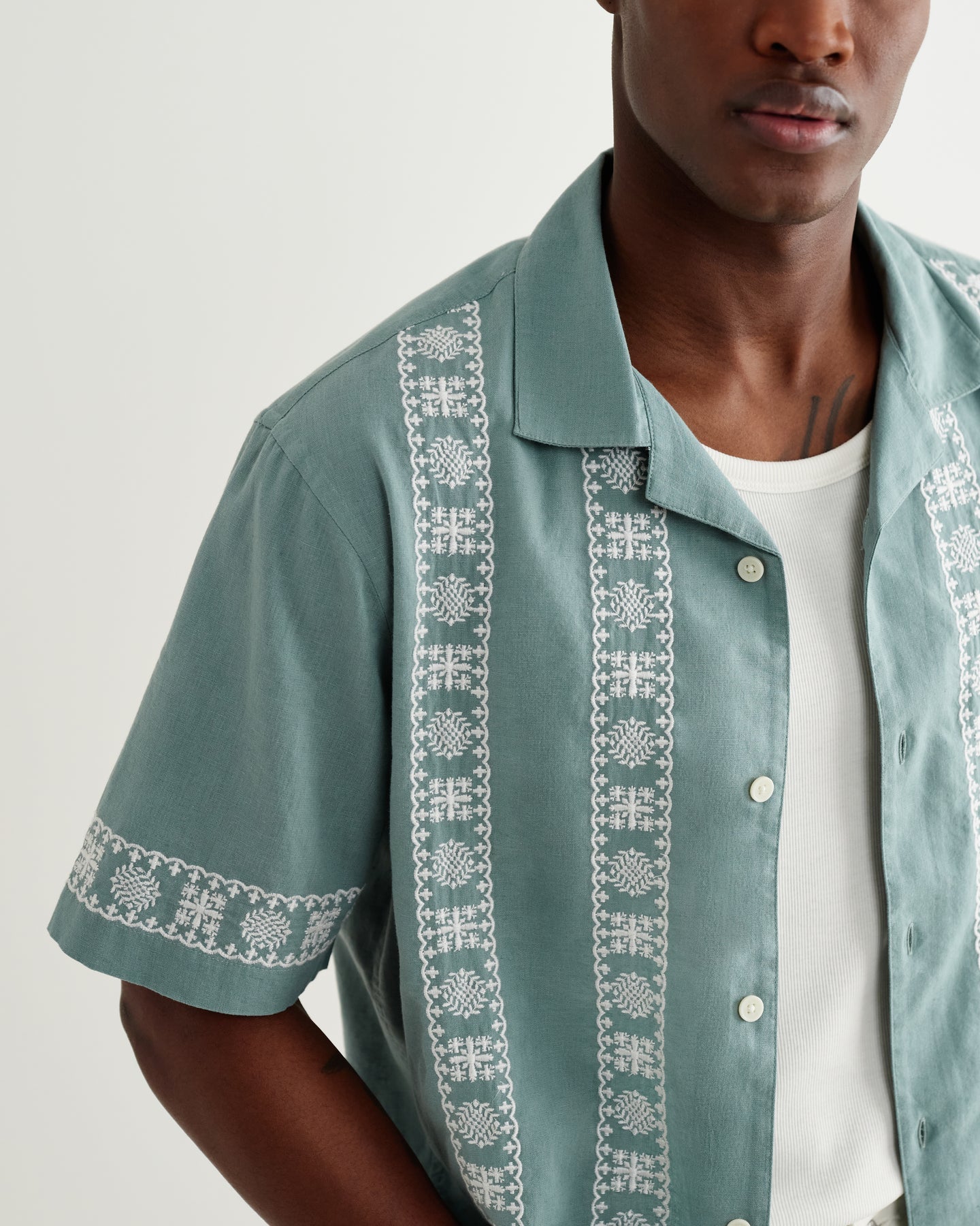 Didcot Embroidered Short-Sleeve Shirt - Sea Green and Ecru