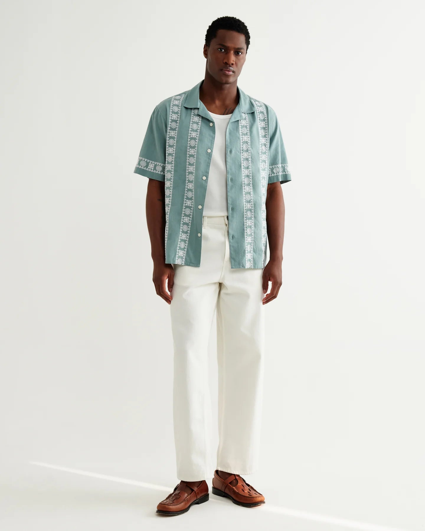 Didcot Embroidered Short-Sleeve Shirt - Sea Green and Ecru