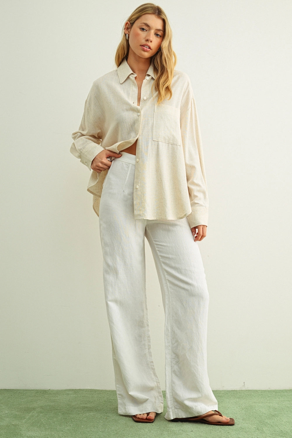 Linen Blend Button-Up Shirt - Oatmeal