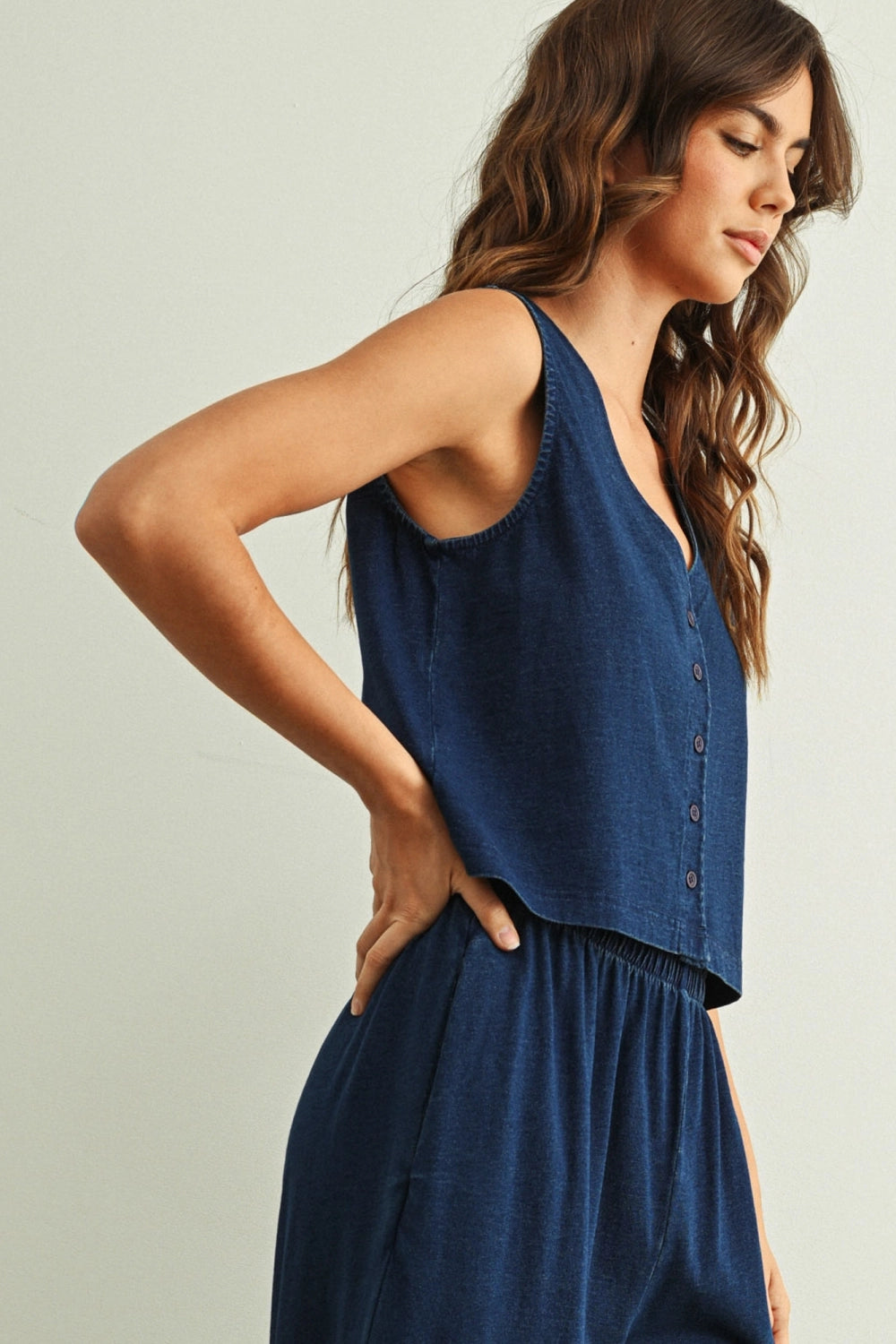Washed Knit Button-Front Tank - Indigo Blue