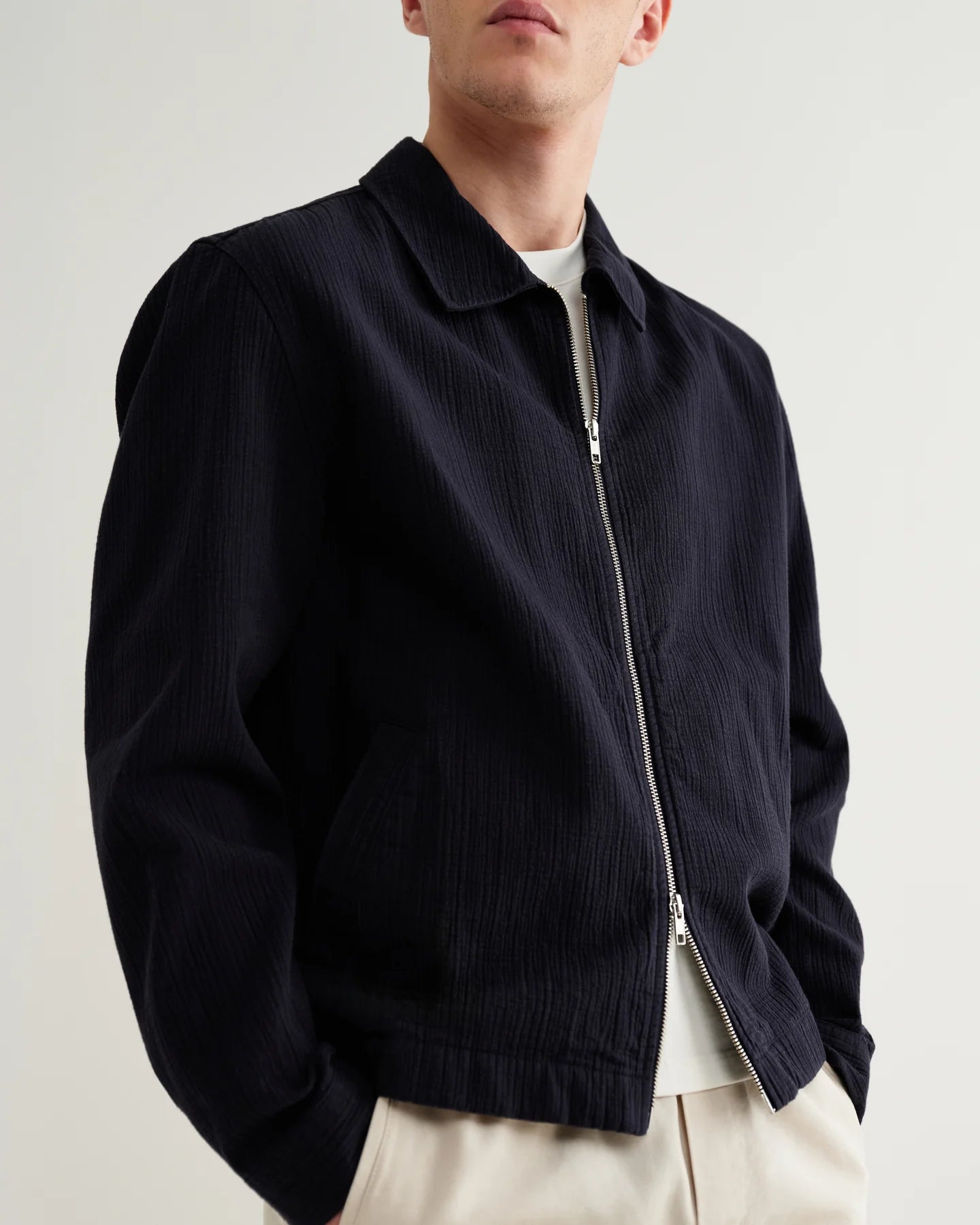Eldon - Navy Crinkle Cotton-Linen Jacket