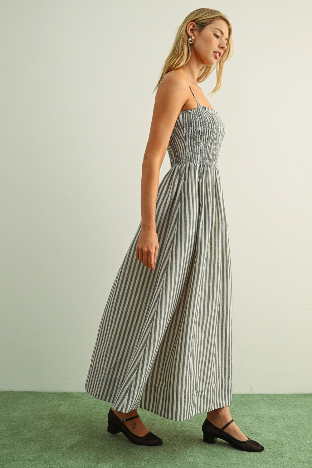 Striped Smocked Maxi Dress - Black