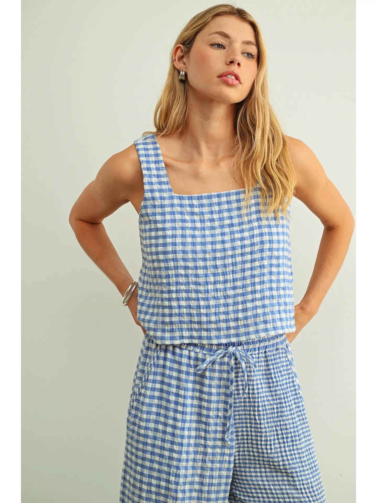 Gingham Square Neck Tank - Blue/White