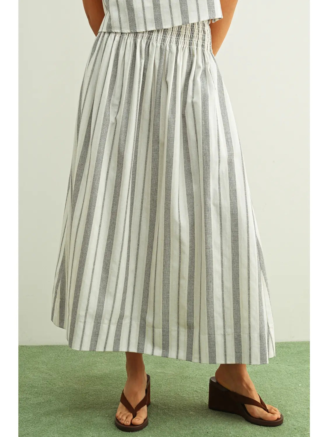 Striped Smocked Waist Maxi Skirt - Black/Oatmeal