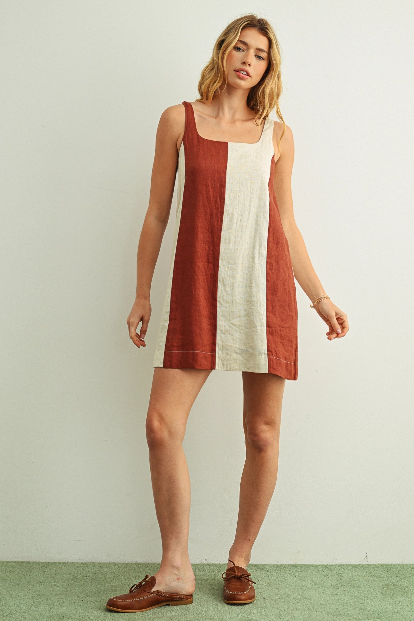 Color Block Linen Mini Dress - Rose Clay/Oatmeal