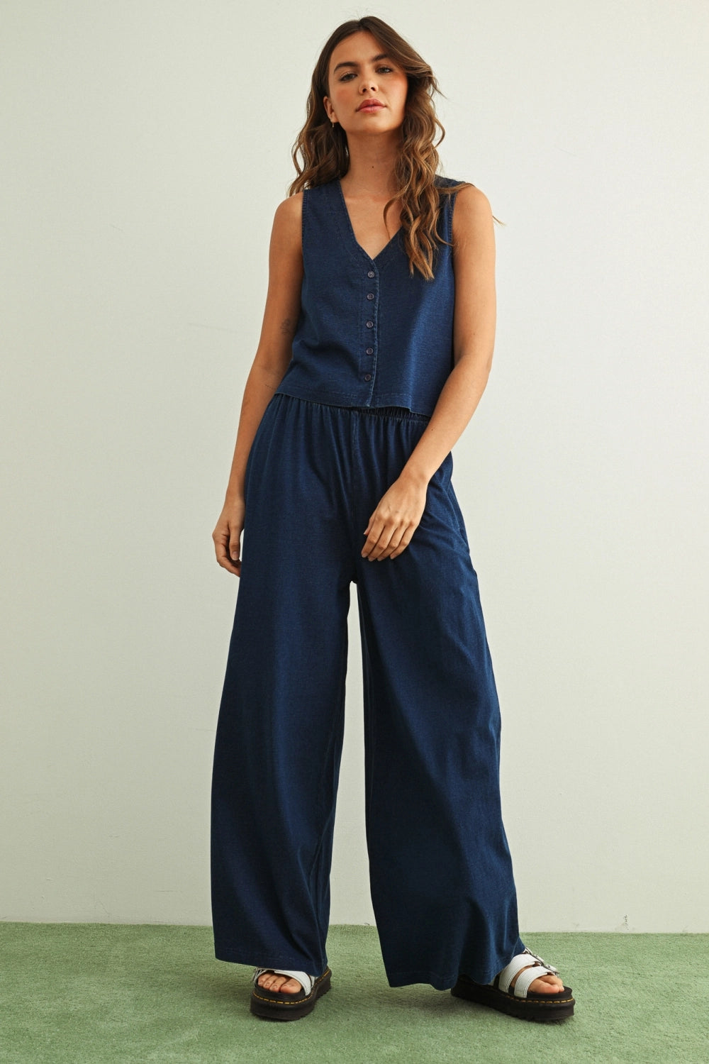 Washed Knit Button-Front Tank - Indigo Blue