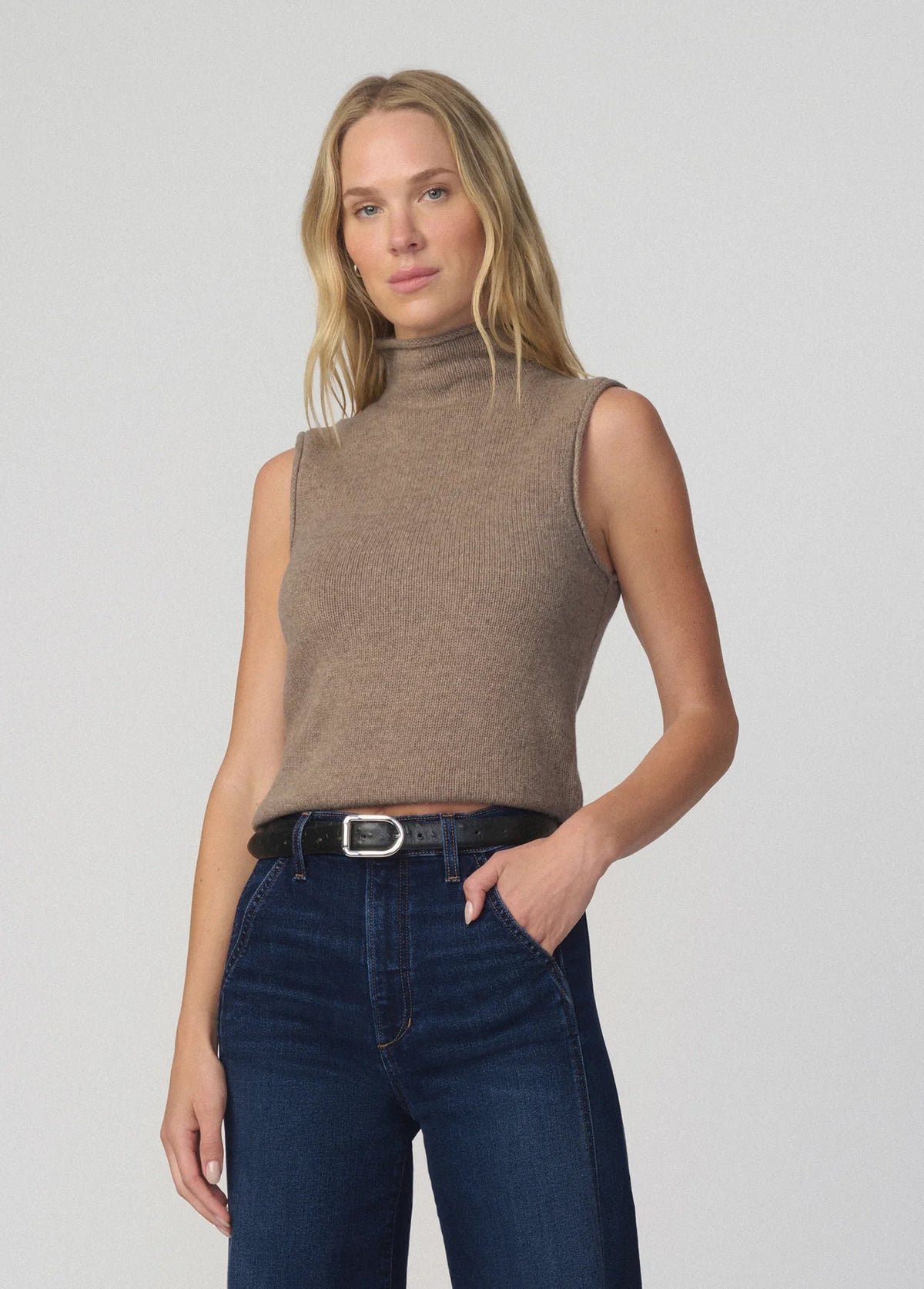 The Stevie Sleeveless Roll Neck Sweater - Mink