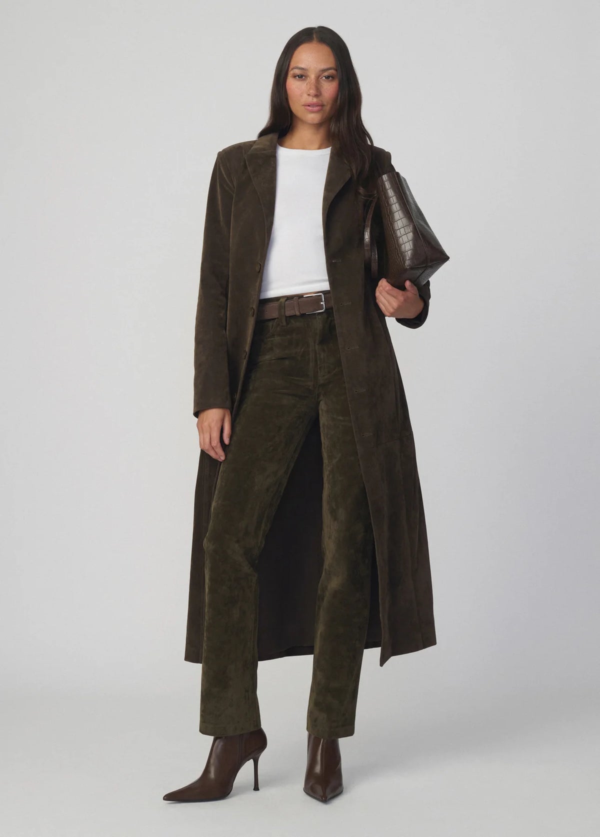 The Vegan Suede Long Coat - Dark Chocolate