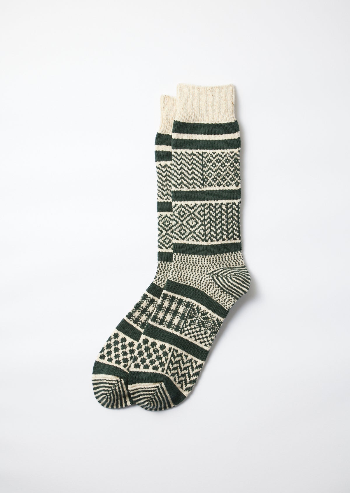 Multi Jacquard Crew Socks - Ivory/Dark Green