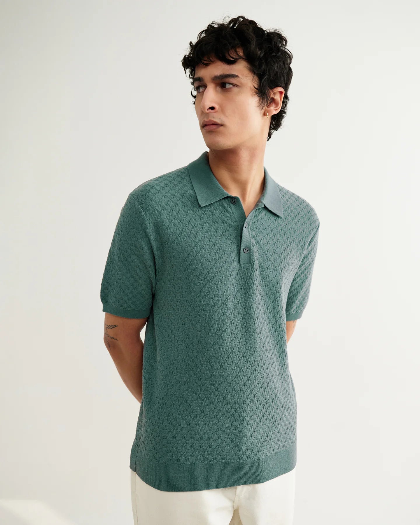 Naples Retro Diamond Knitted Polo - Sea Green
