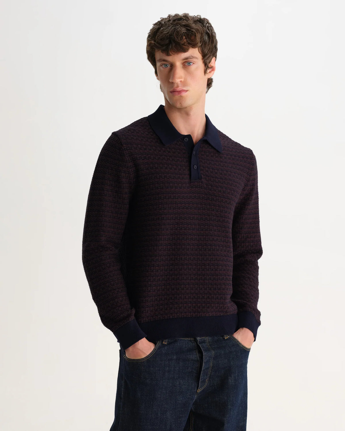 Oban - Geometric Long-Sleeve Knitted Polo - Brown And Navy