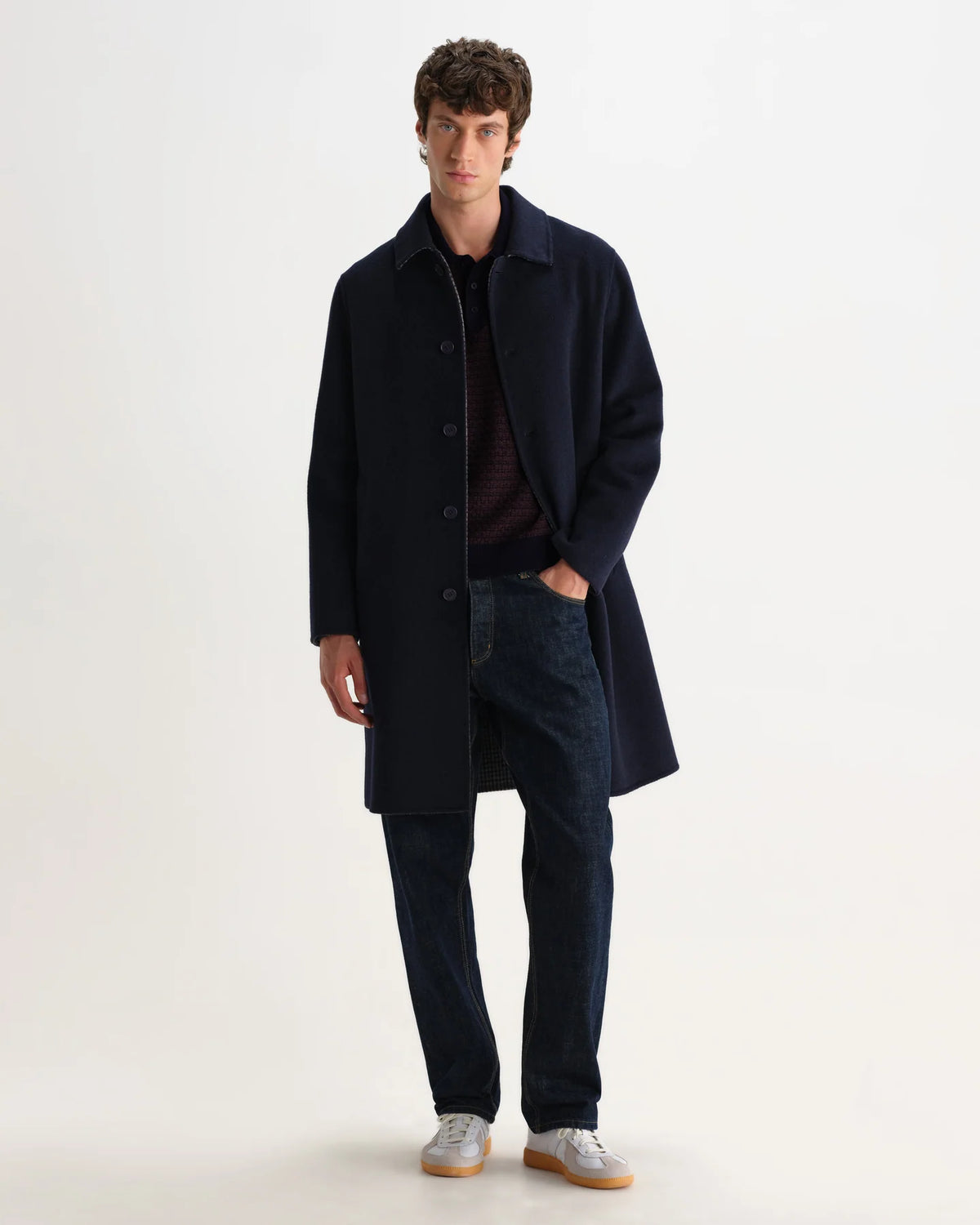 Oban - Geometric Long-Sleeve Knitted Polo - Brown And Navy