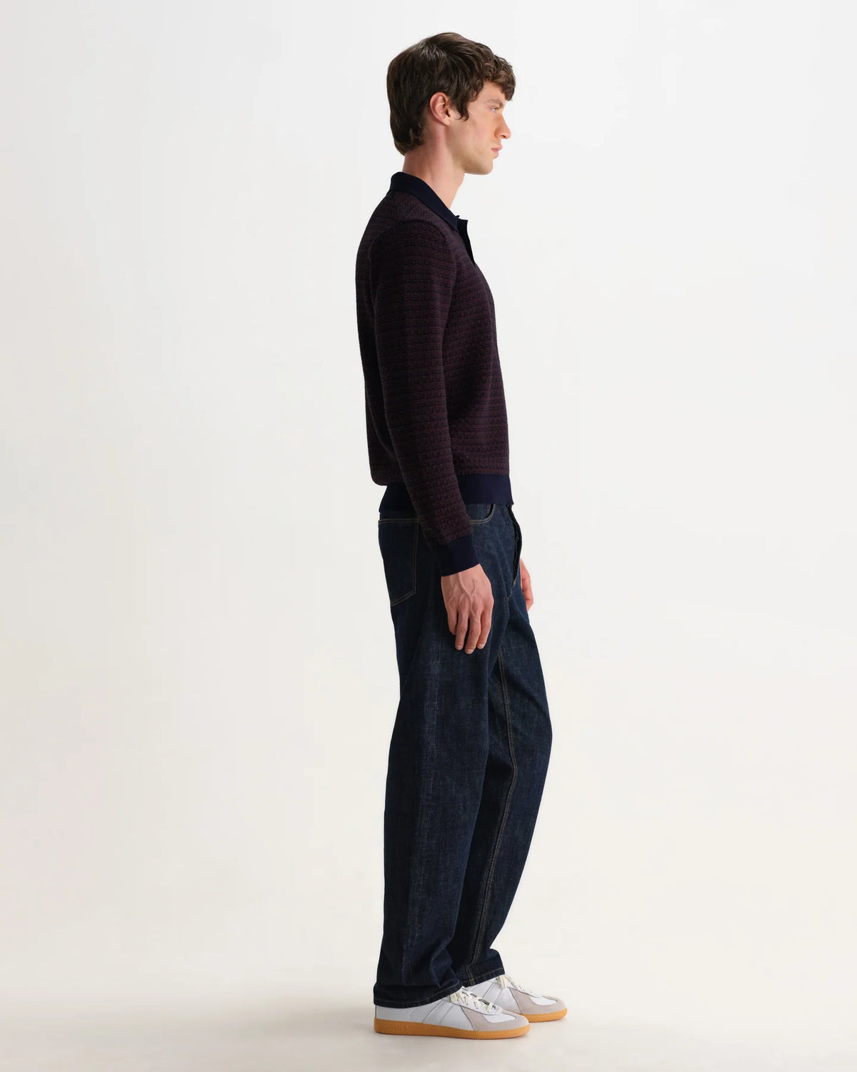 Oban - Geometric Long-Sleeve Knitted Polo - Brown And Navy