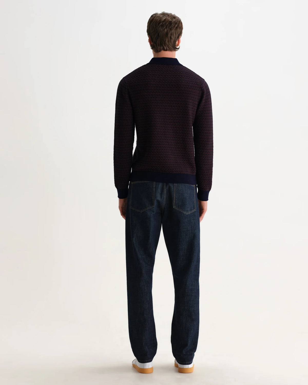 Oban - Geometric Long-Sleeve Knitted Polo - Brown And Navy
