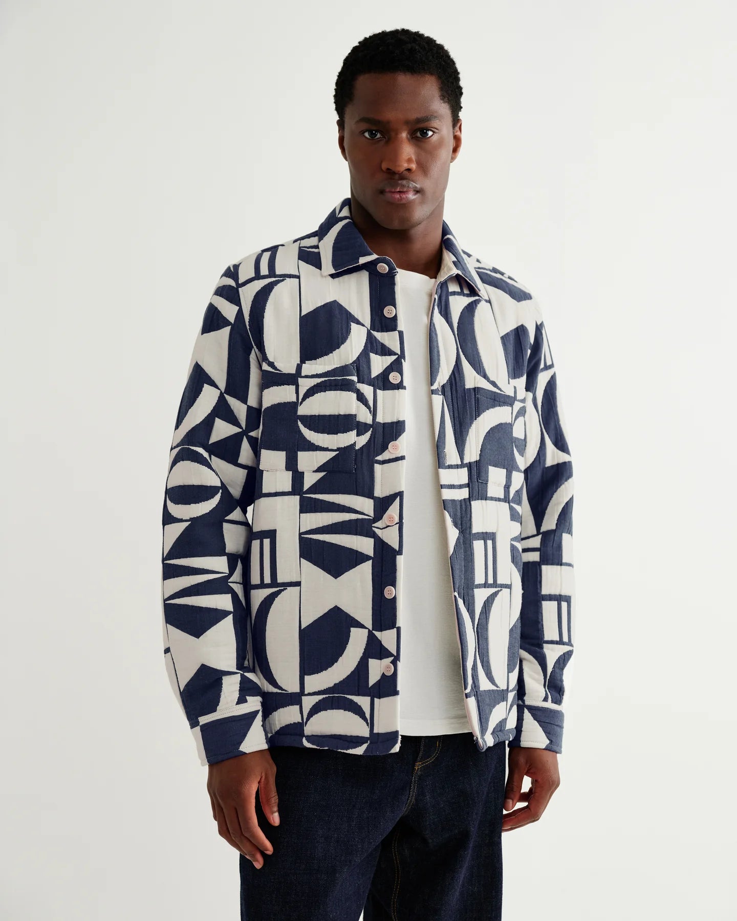 Otto Quilted Jacquard Overshirt - Blue and Ecru
