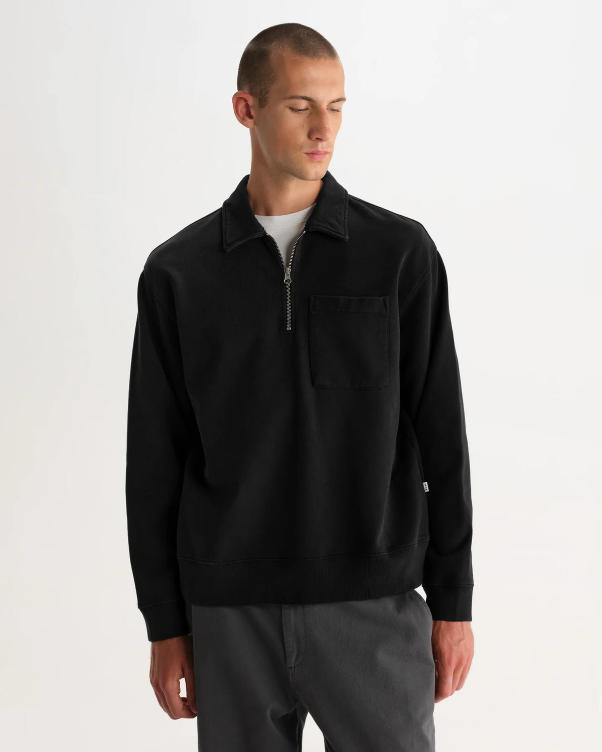 Reeve - Washed Black Loopback Organic Cotton Collared Sweatshirt