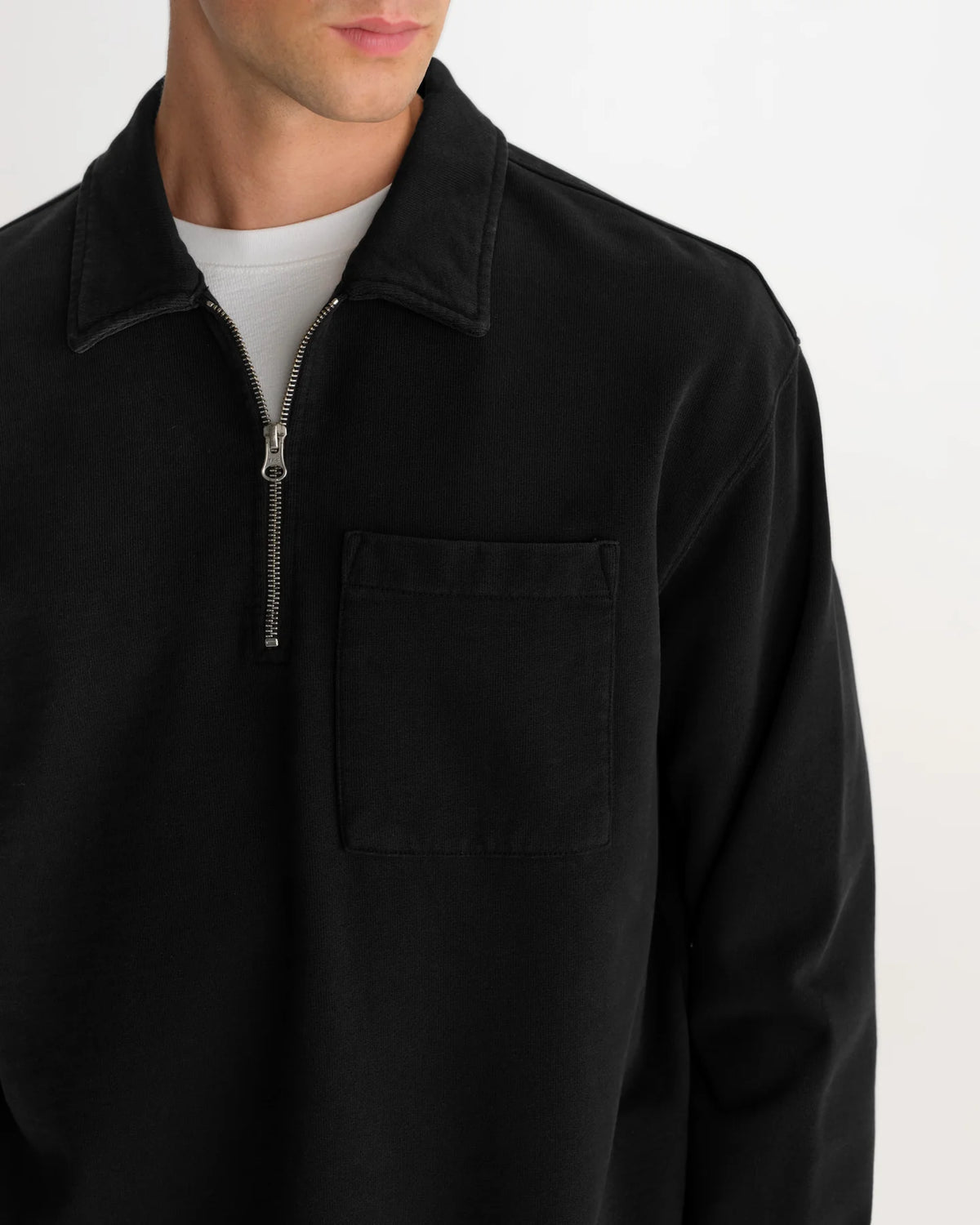 Reeve - Washed Black Loopback Organic Cotton Collared Sweatshirt