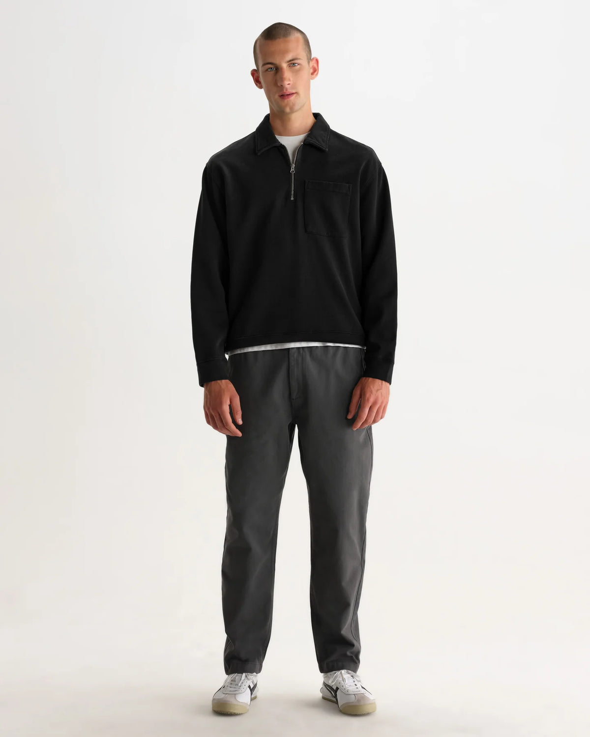 Reeve - Washed Black Loopback Organic Cotton Collared Sweatshirt