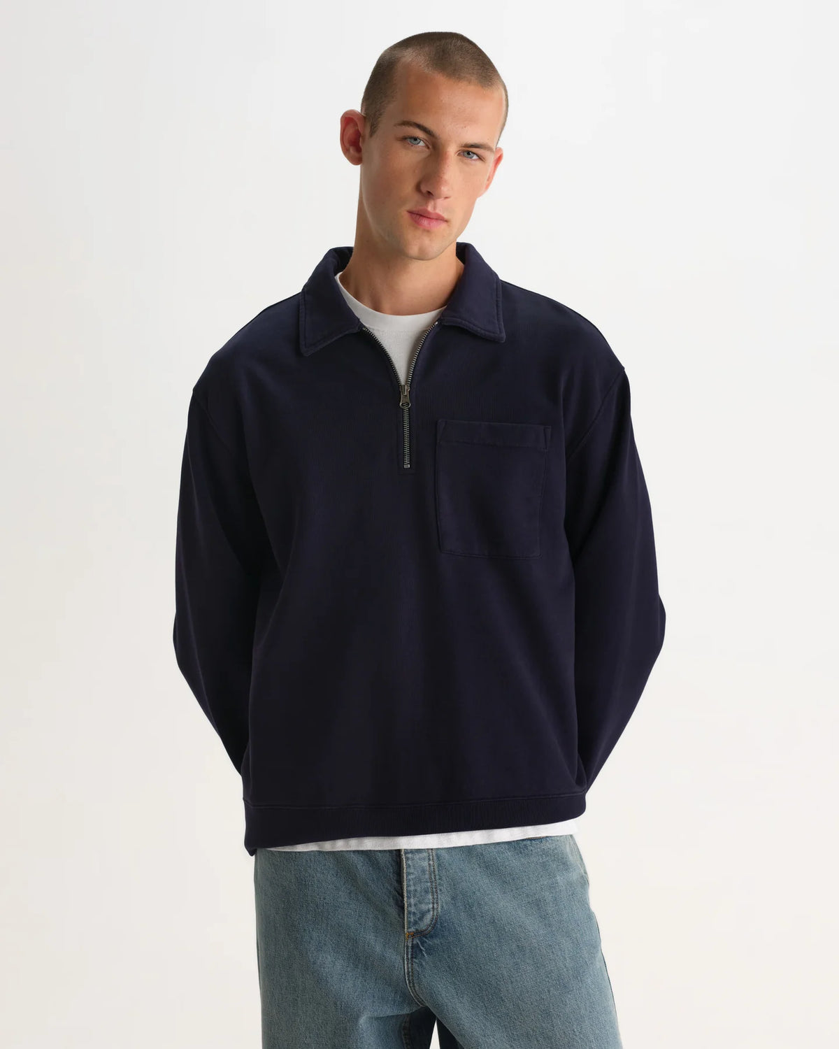 Reeve - Washed Navy Loopback Organic Cotton Collared Sweatshirt