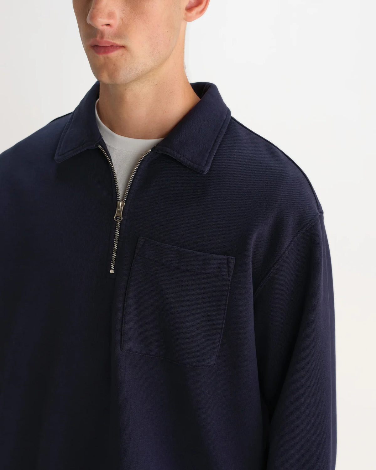 Reeve - Washed Navy Loopback Organic Cotton Collared Sweatshirt