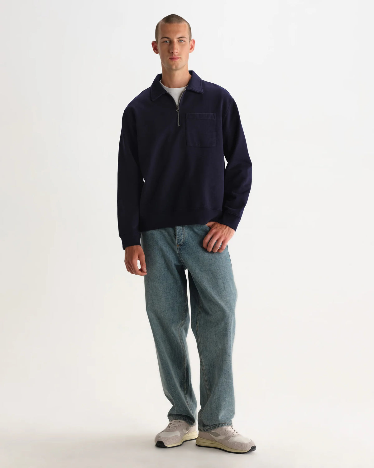 Reeve - Washed Navy Loopback Organic Cotton Collared Sweatshirt