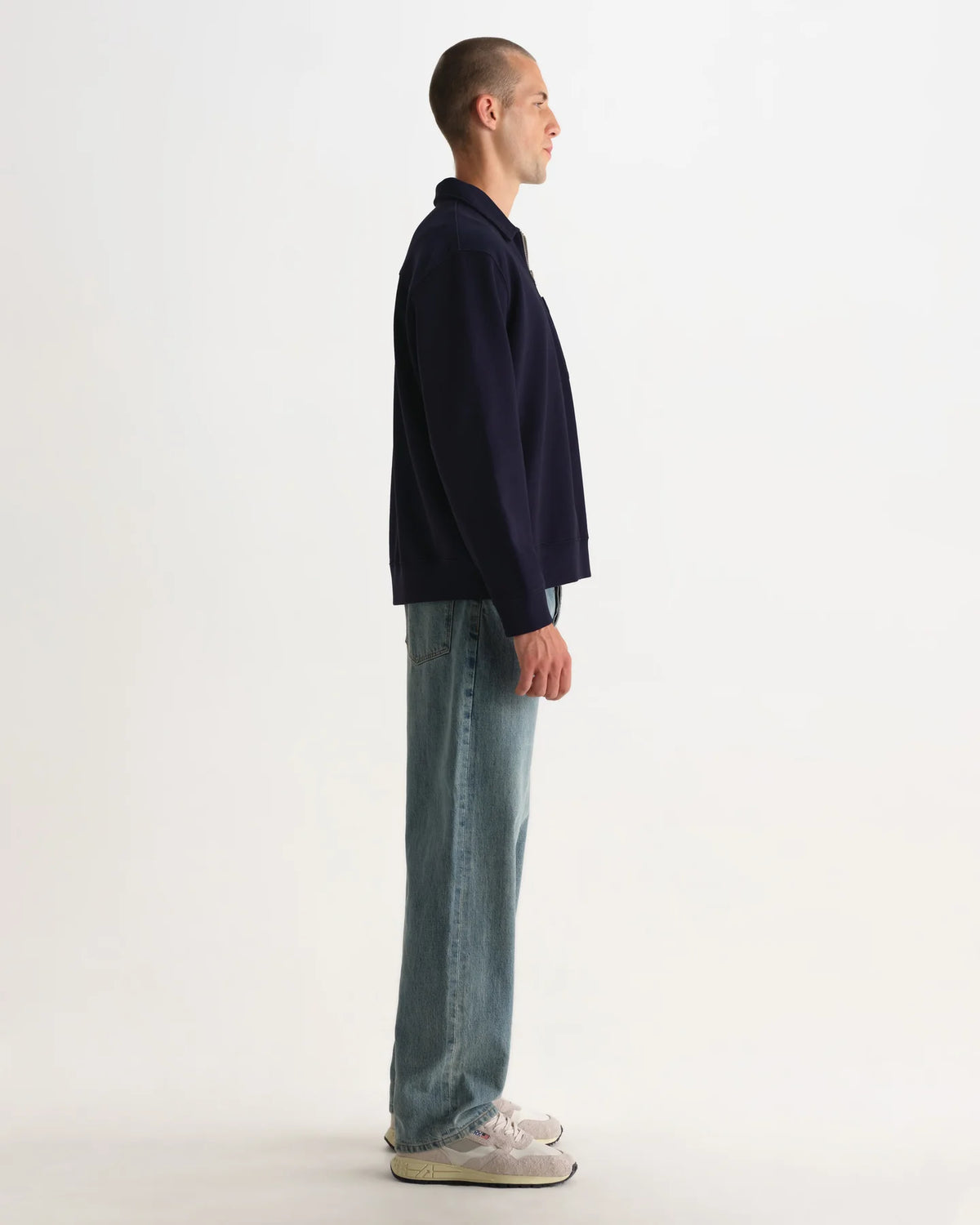 Reeve - Washed Navy Loopback Organic Cotton Collared Sweatshirt