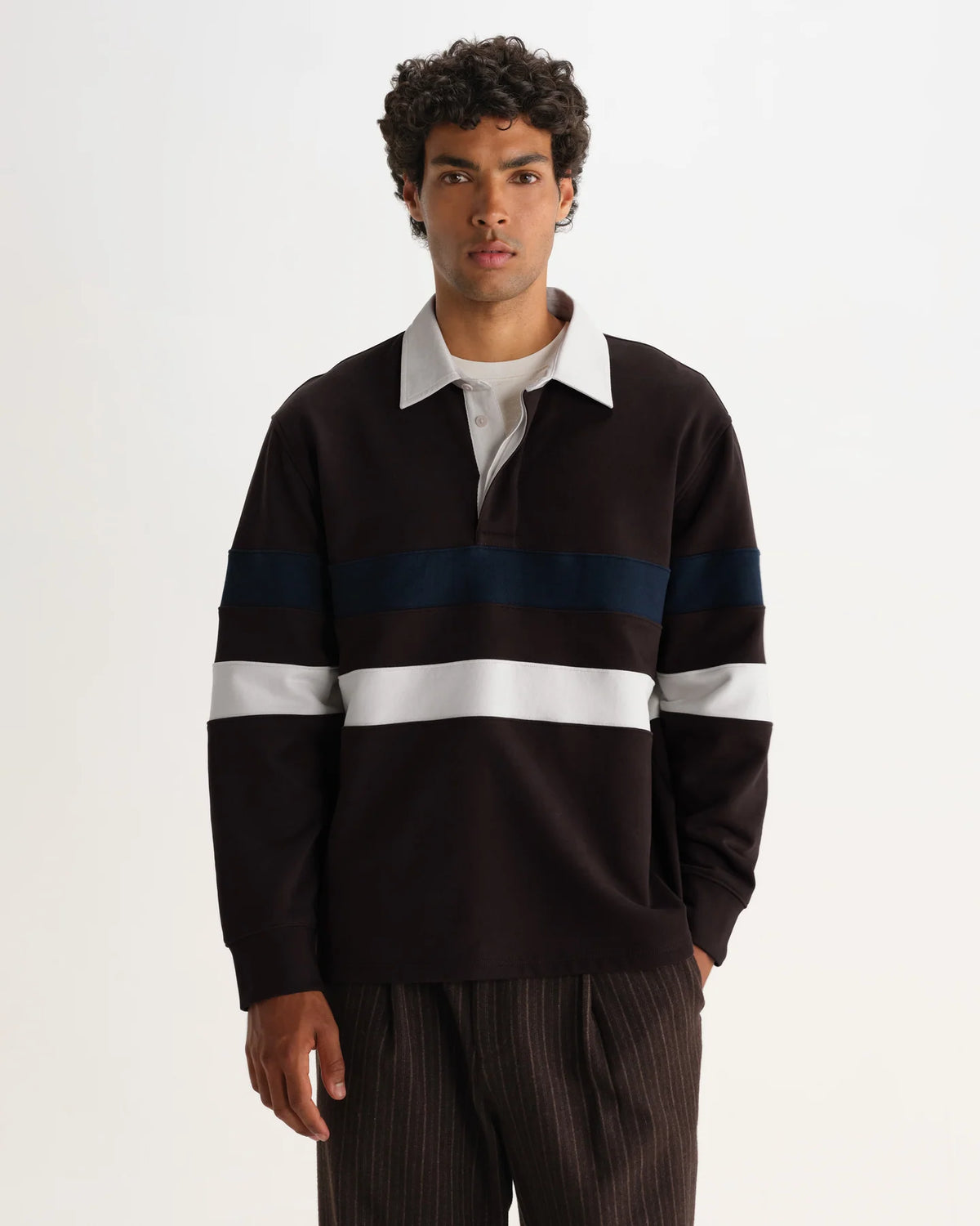 Rowhill - Brown And Navy Stripe Loopback Rugby Shirt