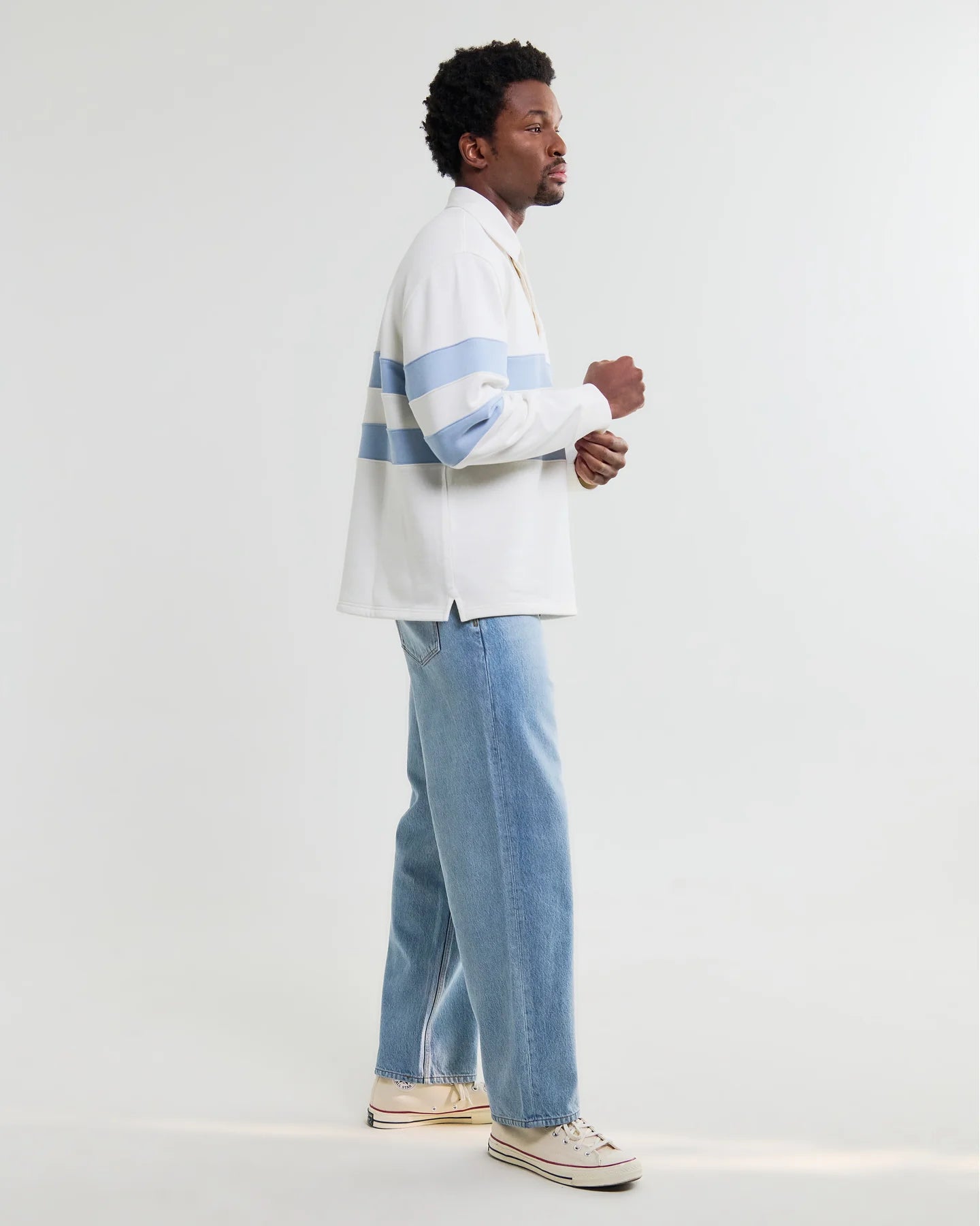 Rowhill Loopback Rugby Shirt - Ecru and Light Blue Stripe