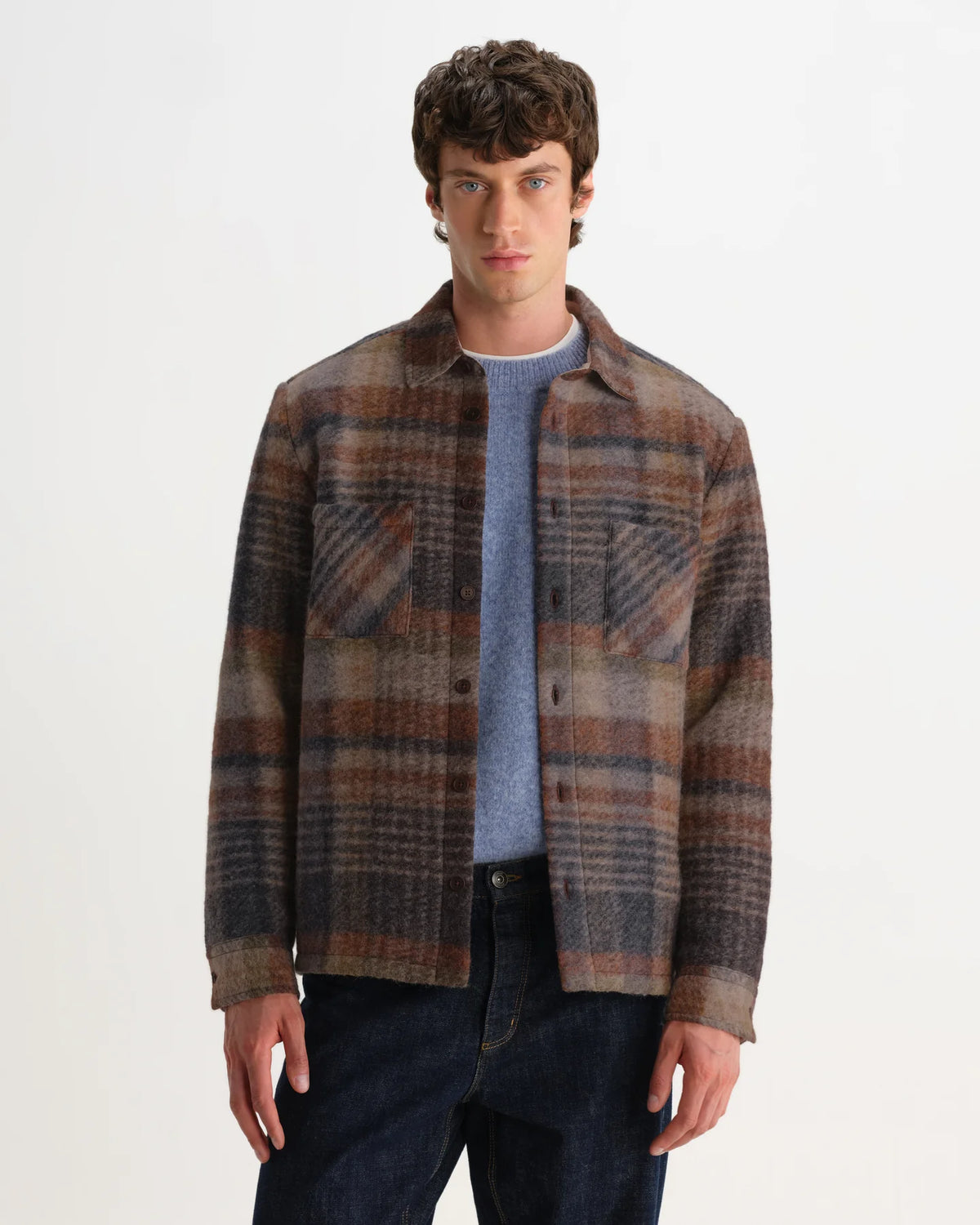 Whiting - Oatmeal And Multicolour Check Wool Blend Overshirt
