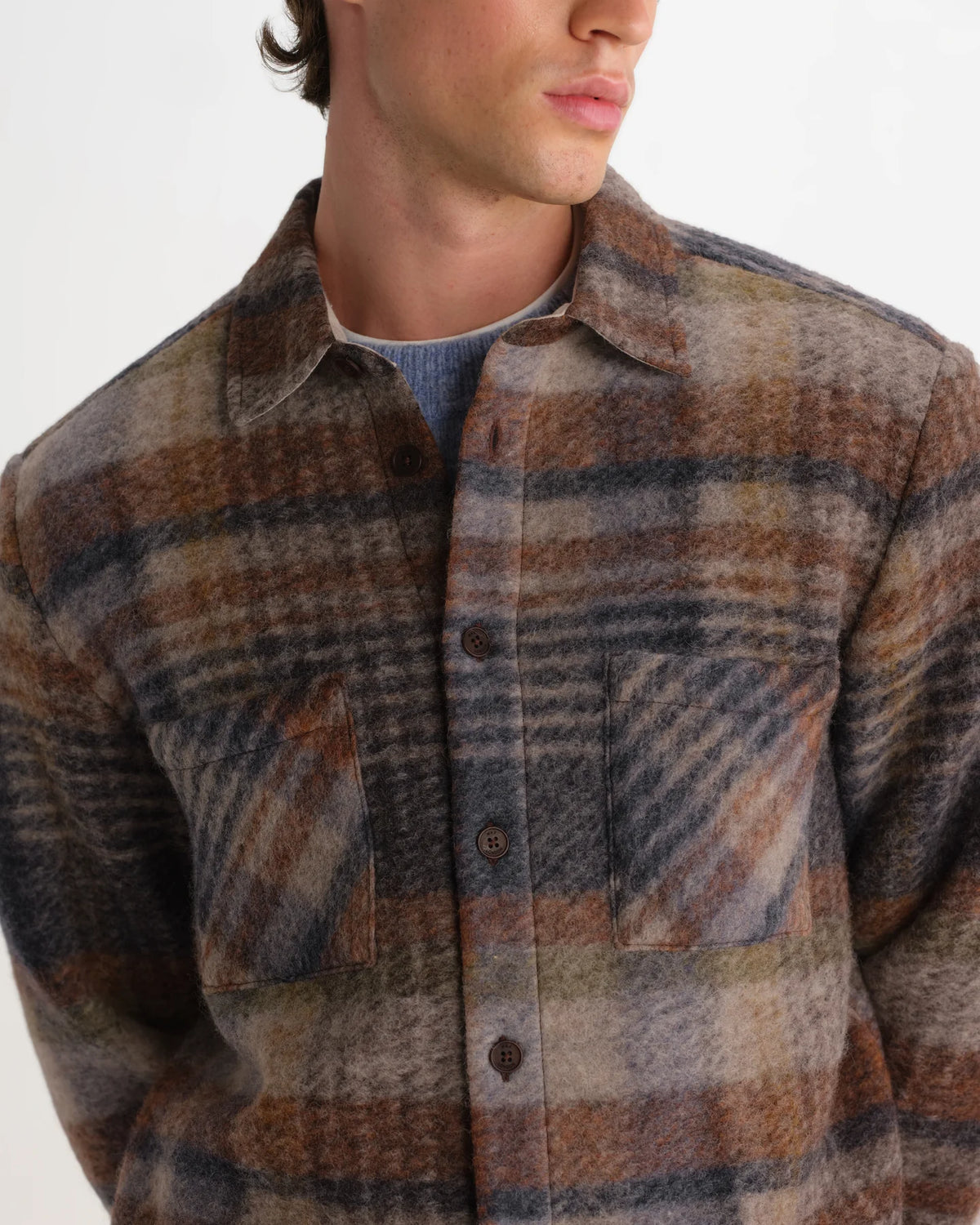 Whiting - Oatmeal And Multicolour Check Wool Blend Overshirt