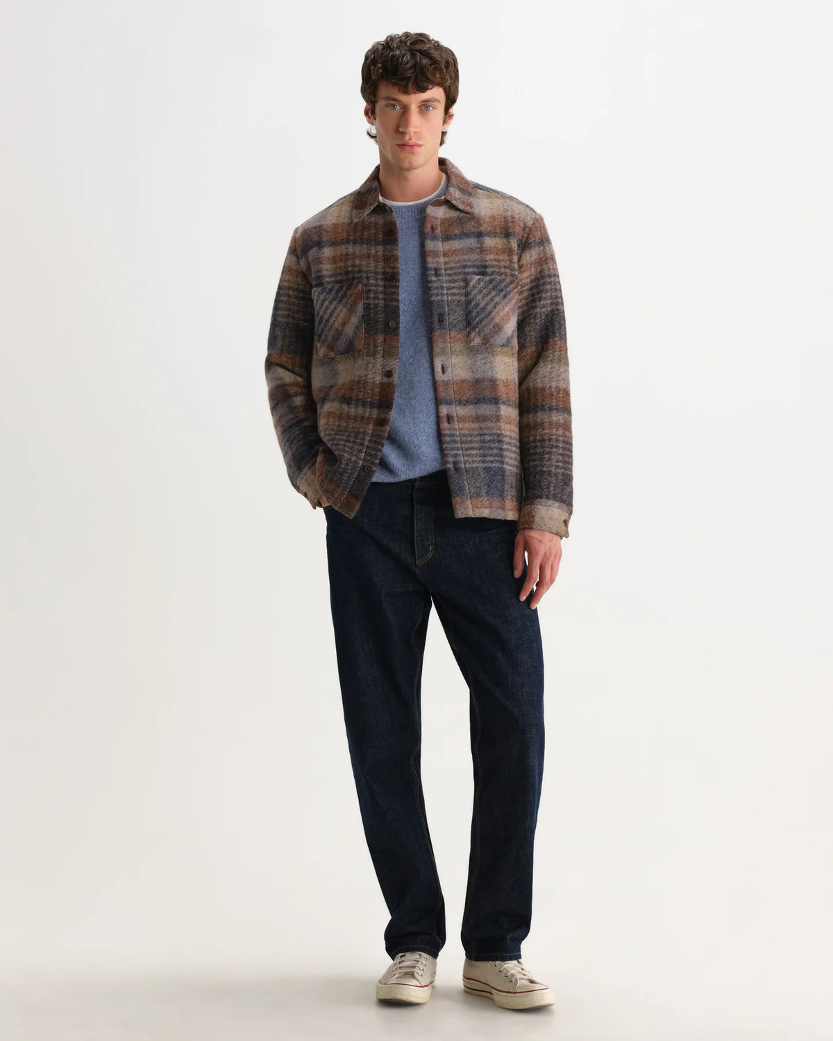 Whiting - Oatmeal And Multicolour Check Wool Blend Overshirt